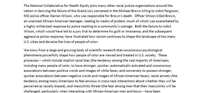 Statement from the National Collaborative for Health Equity on the Grand Jury Decision Regarding the Death of Michael Brown