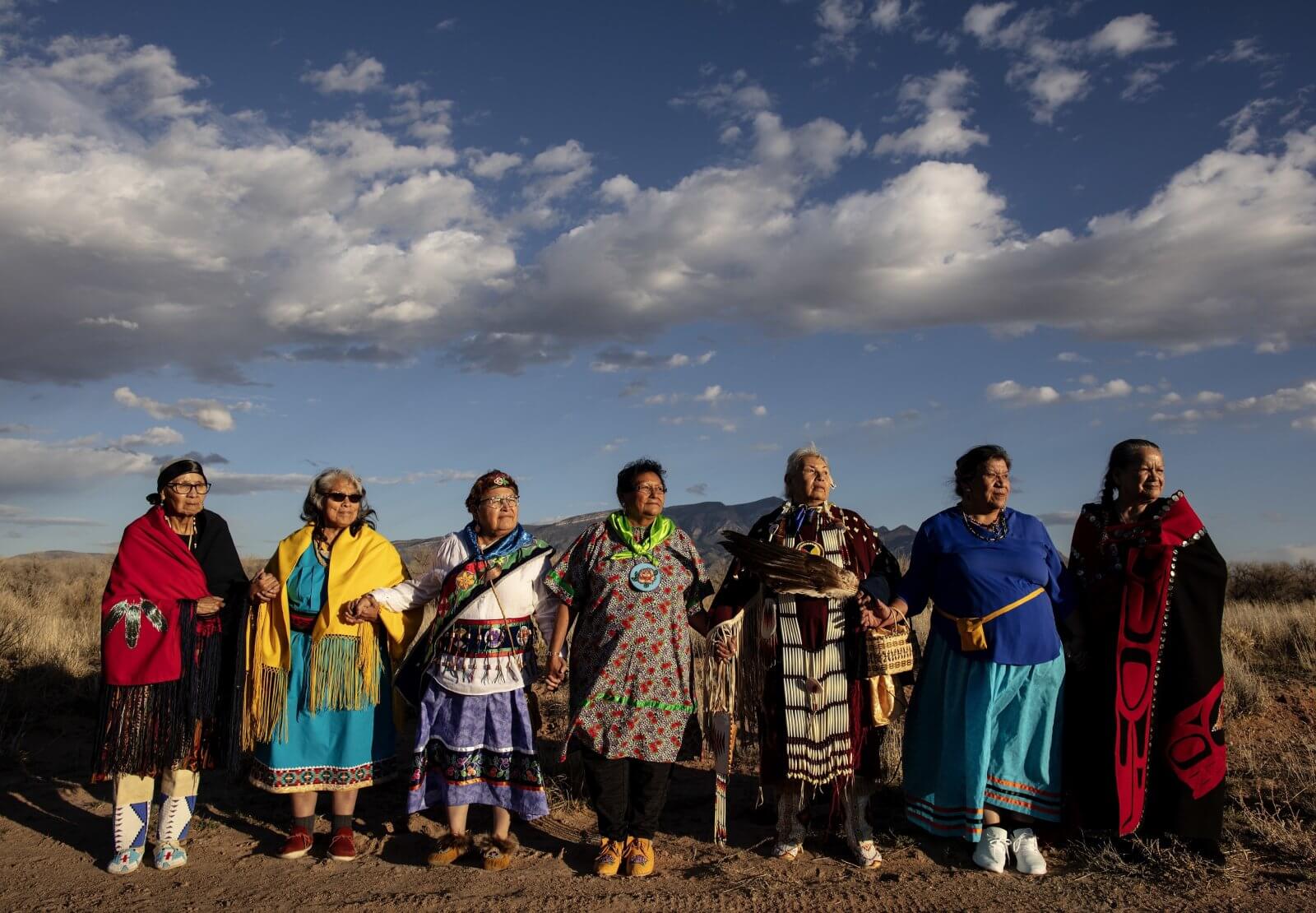 From left: Jennie Seminole Parker, Kathleen Sanchez, Sharon Day, Thelma Whiskers, Faith Spotted Eagle, Onita Bush, and Diane Brown. Photo by Matika Wilbur for Spirit Aligned Leadership Program